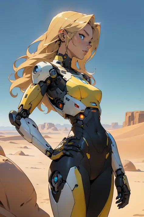 high quality, 4k, masterpiece, beautiful, cyborg girl, cowboy shot, clear eyes, side view, turning around to look at viewer, long blonde hair, girl, small breasts, fit thigh, robotic arms, robotic body, cyborg body, yellow accent, redaccent, intricate deta...