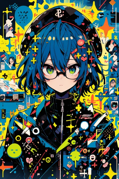 1(Best Quality, masutepiece:1.2),1boy,Anime young man with blue hair and glasses in a black jacket, live2d virtual youtuber model, 2 d anime style, anime moe art style, paint tool sai!! Blue, anime stylized, Stylized anime, 2 D Anime, bright green eyes,Bla...