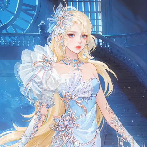 Wearing a blue dress、Blonde woman with clock on background, ((beautiful fantasy empress)), winter queen, beautiful fantasy empress, Snow Queen, winter princess, Beautiful celestial mage, blond-haired princess, goddess of winter, beautiful elsa, ice princes...