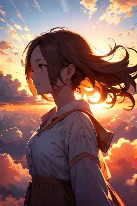 masterpiece, best quality, movie still, 1girl, cloud girl, floating in the sky, close-up, bright, happy, warm soft lighting, sunset, (sparks:0.7)