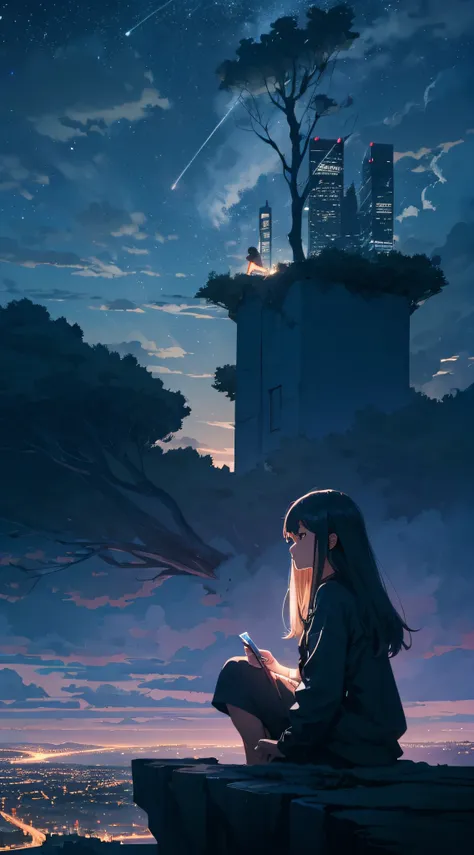 octans, sky, star (sky), scenery, starry sky, night, 1girl, night sky, solo, outdoors, building, cloud, milky way, sitting, tree, long hair, city, silhouette, cityscape