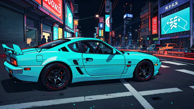 Car,Mazda RX7,night,Tokyo,early 2000s,(best quality,4k,8k,highres,masterpiece:1.2),ultra-detailed,(realistic,photorealistic,photo-realistic:1.37),Perfect Anime Illustration,vibrant colors,neon lights,shadows,dynamic atmosphere,authentic details,crisp lines...