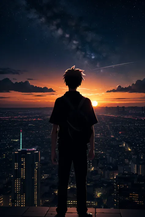 Anime,silhuette,1boy, Star (skyporn), cloud, Cityscape, building, city, Outdoors, Skyscraper, City lights, Night, nigh sky, Sunset, sky line