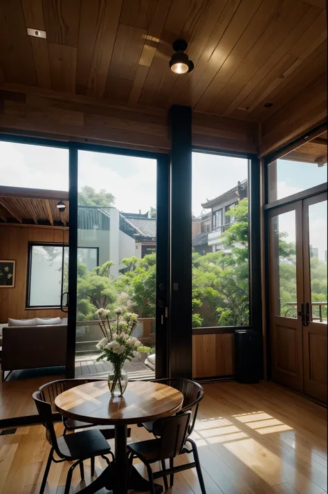 Interior design、Crazy detailed wide-angle building photos、cozy contemporary living room、(Bright warm sunshine 1:0.1)、award-winning contemporary interior design、Landscapes、DL、a chair、in a house、wooden floor、 Black aluminum windows、dining room、east asian eas...