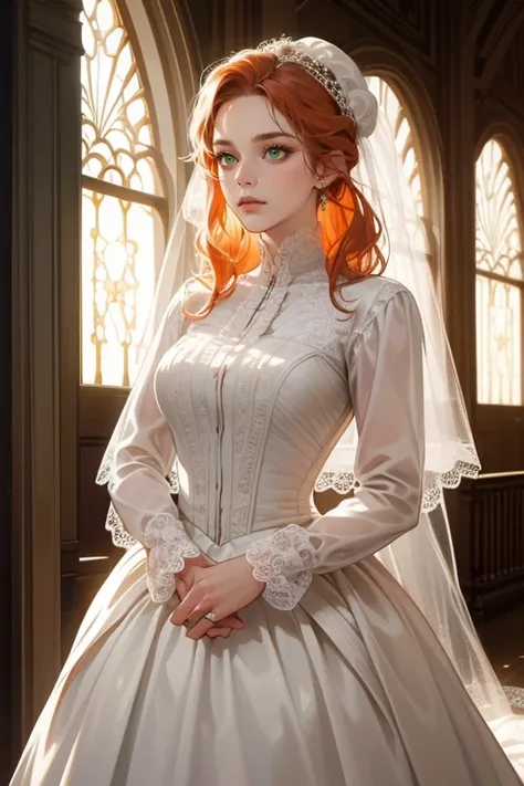 masterpiece, best quality, realistic, 1woman, mature female, beautiful, 25 years old, extremely detailed face, ((green eyes)), ((long red-orange wavy tied into a low bun)), , citizen, ((dressed in a white wedding dress with a veil, long sleeve white dress,...