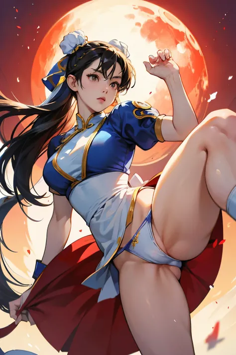 chun-li from street fighters series , white panty , in the streets , red moon , kick ,