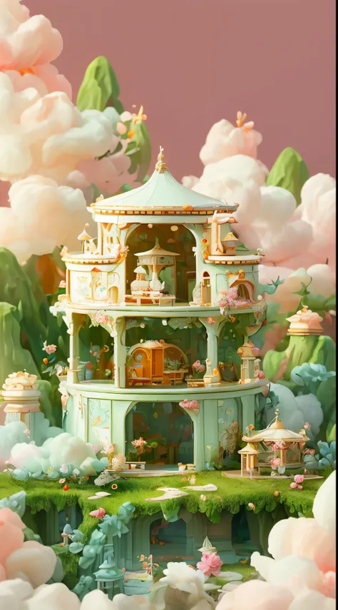 There is a cosmetic storage box in the middle of the field, dreamy and detailed, highly detailed scenario, intricate fantasy, high detal), Cloud Palace, Fantastic atmosphere and drama, Tiffany, Art Nouveau octane rendering, yanjun chengt, detailed scene, p...