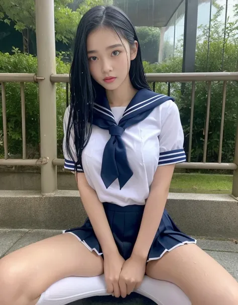 (of the highest quality, 4K, masutepiece:1.3), Pretty Woman, 1 woman, sixteen years old、(breasts, Attractive body:1.2), Abs:1.1, Dark black hair:1.1, (rainy wet, Wet in the rain, Wet torso: 1.2), Very fine face, Delicate lips, Delicate eyes, Double eyelids...