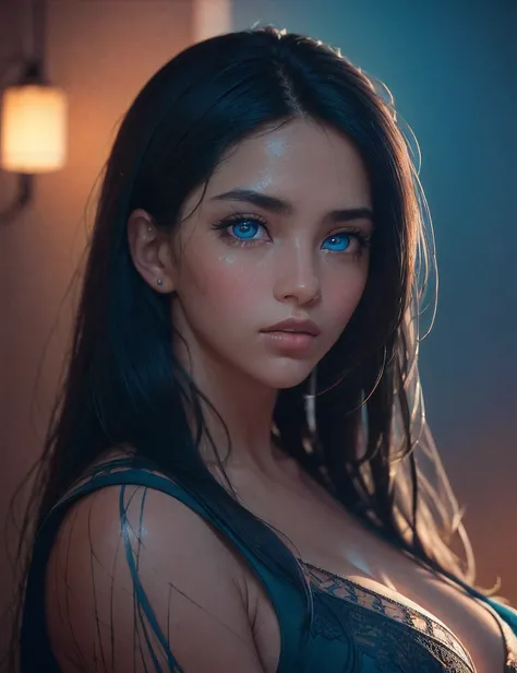 (dark shot:1.4), 80mm, gorgeous 25-year-old Mexican girl, with very big blue eyes, real breasts, very very long black hair,  soft light, sharp, exposure blend, medium shot, bokeh, (hdr:1.4), high contrast, (cinematic, teal and orange:0.85), (muted colors, ...