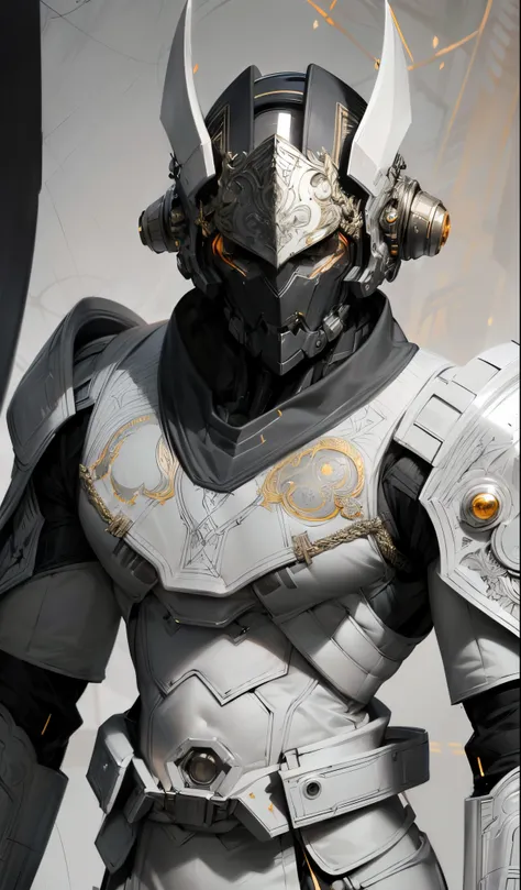 An epic and visually stunning digital artwork featuring a masculine male cyborg with an elegant full helm with facial features hidden, bearing a flat masculine chest and a sleek androgynous physique. The character is adorned in a heavy dieselpunk style wit...