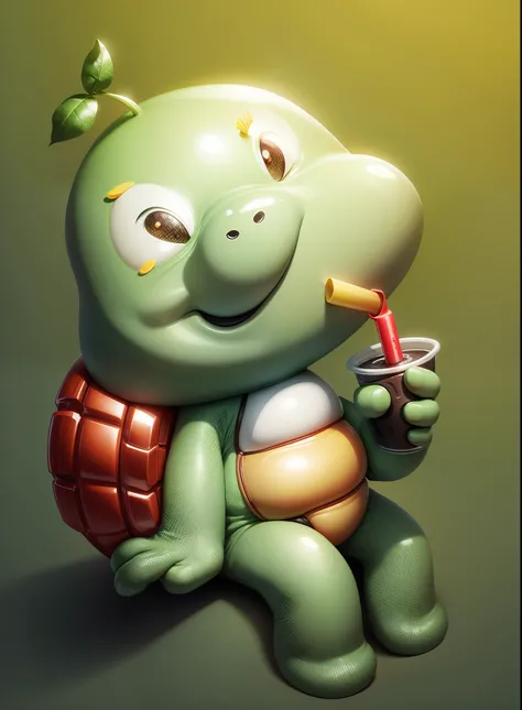 Cute cartoon,Sit Pose,Green skin,The shell is brown,Red-faced,yellow nails,Yellow belly,ssmile,Drink in left hand,drinking straw