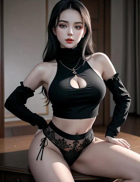 ((Masterpiece, best quality)), gorgeous russian girl 18 years old with big breasts, edgQuality, edgCL, jewelry, black panties, piercing, lace trim, close-up, o-ring, navel piercing ,wearing edg CL chic lingerie,((turtleneck,crop top,modest clothing))