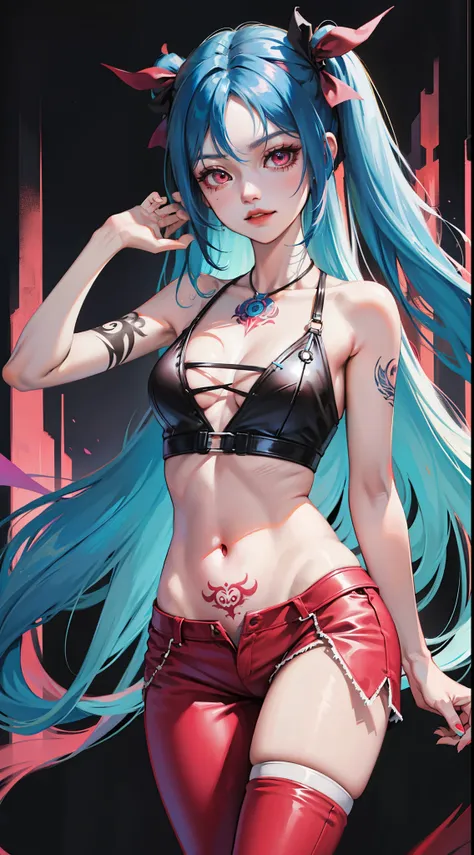 young girl, long blue hair, Two long pigtails, red eyes, smirk, tattoo, Black Top, open belly, flat chest, pink pants, Jinx(League of Legends), Masterpiece, hiquality, 4k, HD, Good detail