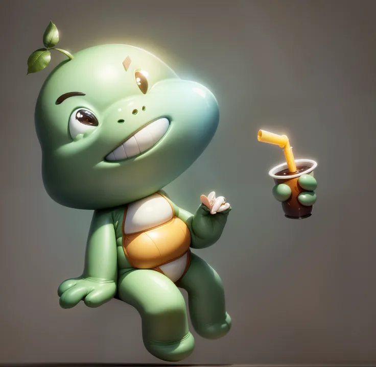 Cute cartoon,Sit Pose,Green skin,The shell is brown,Yellow belly,ssmile,Ccup,drinking straw,Cartoon blind box style