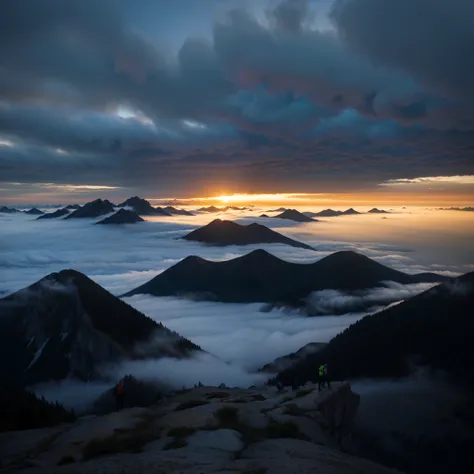 View of Arafad with a group of people standing on the top of a mountain, epic sunrise, at sunrise, at sunrise, Beautiful cloudy atmosphere, an amazing landscape image, Beautiful and spectacular dusk, mountain sunrise, Epic and shocking atmosphere, Walking ...