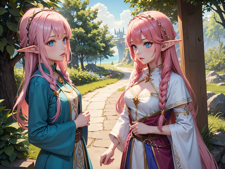 twin women, elves, pink hair, blue eyes, princess, mage, druid