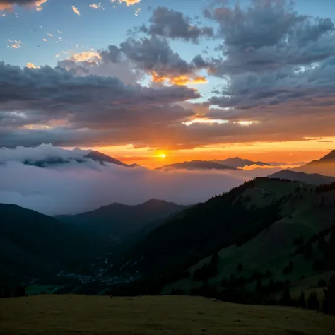 a view of a mountain with a sunset in the background, sunset in a valley, Sunset in the clouds, author：Raphael Colin, by Anna Haifesch, Mountains and colorful sunset!!, late sunset, mountains and sunset!!, dawn setting, Shoot with an iPhone, sunset and big...