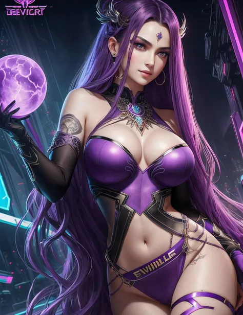 tmasterpiece, beste-Qualit, ciberpunk: Evil Magnificent Goddess, Very large purple eyes, large natural breast, Highly detailed face, Highly detailed eyes, Symmetrical Face, Very Very Long Purple Hair, Hair Jewelry, Cyber Jaw, (fangs:1.2), Lower angle, is l...