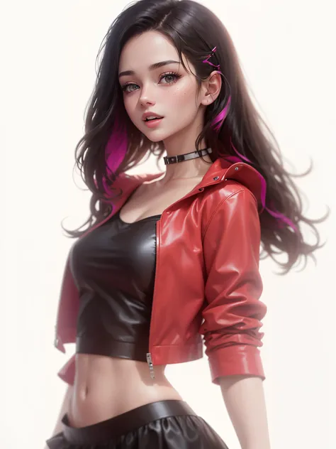 NSFW, { open mouth laugh } , (full body photo: 1.1) , details, cute, Bright Eyes, top quality, exquisite, glossy anime style, sweet girl, { double ponytail } , looking at the audience, beautiful lips, eye details, skirt, leather pink coat, collar, detailed...