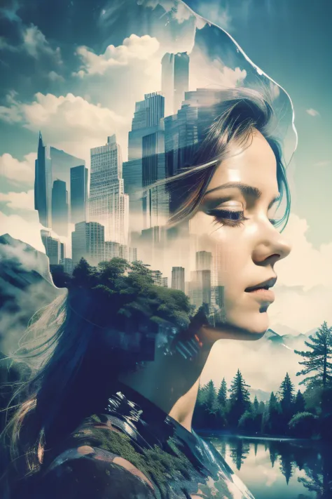 Mountains, forests and grasslands, Foggy cityscape in the distance，1 very beautiful girl，城市: 0.33，Immerse yourself in the immense wind current，living in white clouds，behind the clouds，(double exposure: 1.5)，photography of：Brandon Woelfelmist，Surreal dreams...