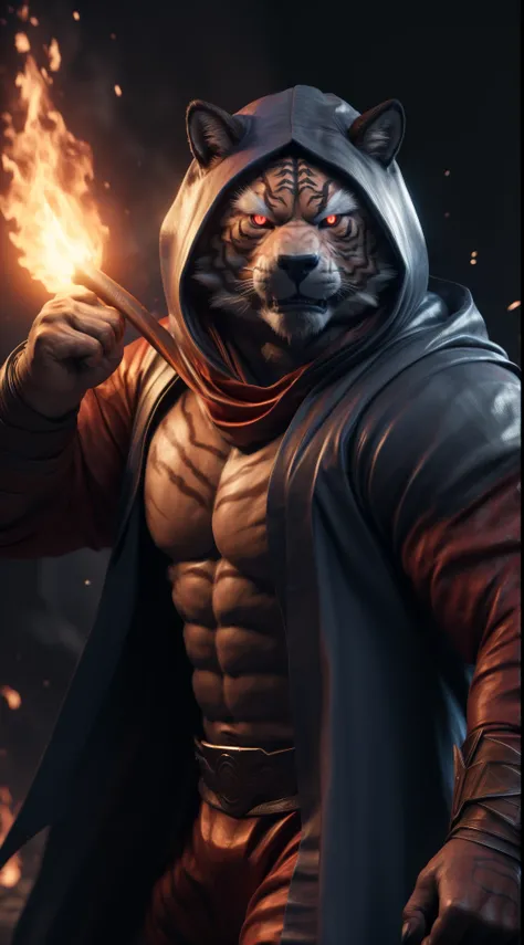 (best quality,4k,highres,masterpiece:1.2),ultra-detailed,(realistic,photorealistic,photo-realistic:1.37),(the ultimate Orochi Gou) red glowing bright eyes,realistic fire background,the king of fighters 97 style,wearing a blue cloak with a hood,floating in ...