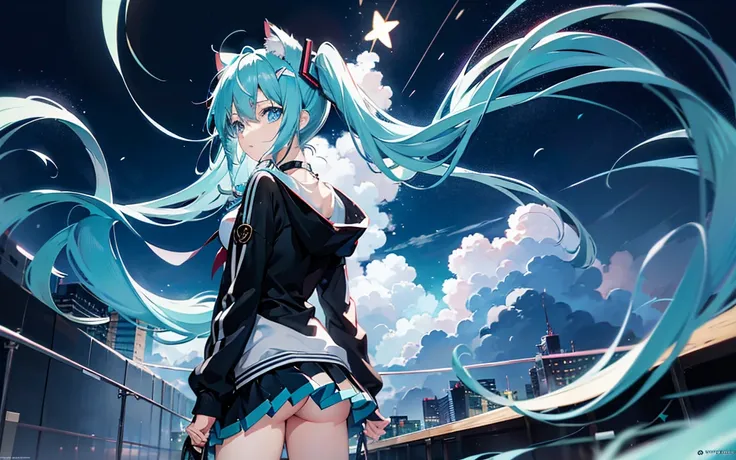 Captain Hatsune Miku、Blue hair、light blue  eyes、Aquamarine eyes、Cat Hairpins、Long、Twin-tailed、a miniskirt、The shirt、Black hoodie、Shoulder bag、a necklace、Misanga、double tooth、sparking eyes、School building、takeout、Rainy Day Encounters、Seductive Anime Girl, a...