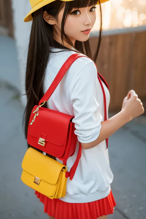 tmasterpiece,best quality,1girl,yellow hat,red bag