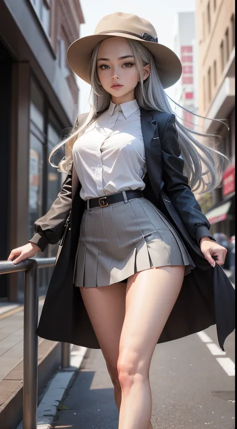 masutepiece, High quality, Best Quality, Beautiful, hard disk, Perfect Lighting, Detailed face, Detailed body, 1 girl, Solo, (Long gray hair), thin ankles,Brown eyes, medium breasts, ((White underwear)), ((Short skirt in grey)), (Gray hat), Silver High Hee...