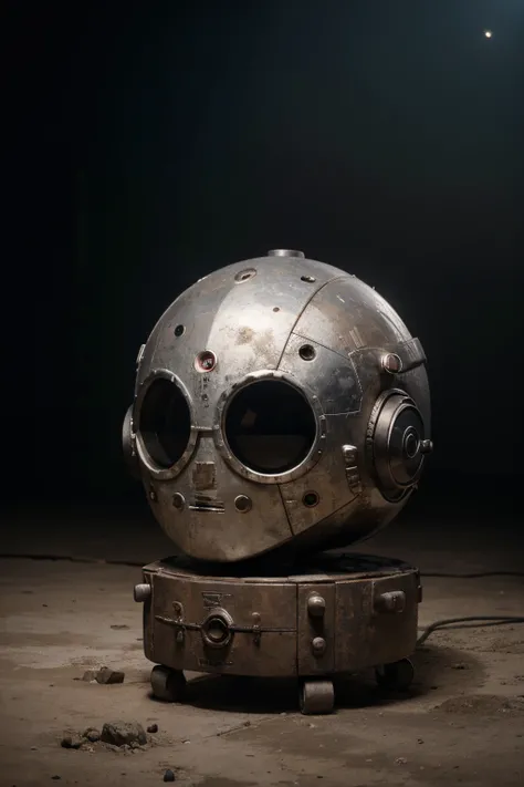 A crazy toy with a big one A Soviet one-eyed robot from CCCP, y casco Estilo, Pinzas en las manos, Cabeza de TV, cabeza de alfiler, camuflaje Oro Plata Rosa Oxidado, Atmosphere in the crater of a super-detailed meteorite, centro, Beautiful, Soft lighting, ...