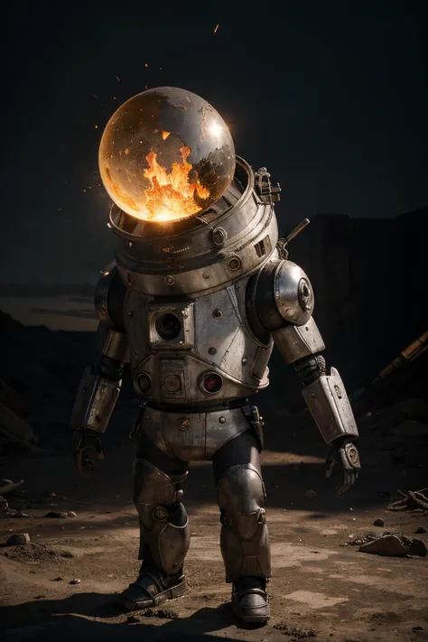 A crazy toy with a big one A Soviet one-eyed robot from CCCP, y casco Estilo, Pinzas en las manos, Cabeza de TV, cabeza de alfiler, camuflaje Oro Plata Rosa Oxidado, Atmosphere in the crater of a super-detailed meteorite, centro, Beautiful, Soft lighting, ...