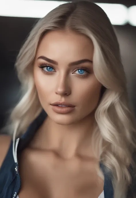 A poised and alluring woman with captivating blue eyes, resembling the ultra-realistic Sophie Mudd. She wears natural makeup, exudes a sexy charm in a gym outfit, blonde hair color and poses in gym setting with a prominent bust.