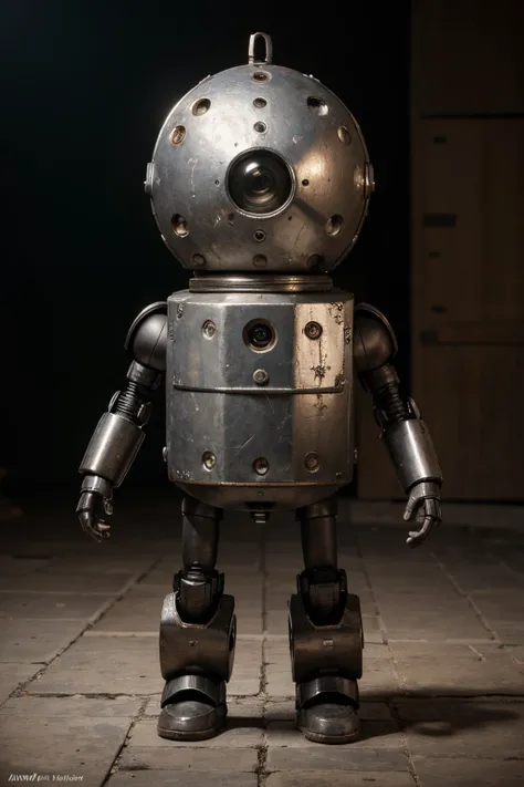 A crazy toy with a big one A Soviet one-eyed robot from CCCP, y casco Estilo, Pinzas en las manos, Cabeza de TV, cabeza de alfiler, camuflaje Oro Plata Rosa Oxidado, Atmosphere in the crater of a super-detailed meteorite, centro, Beautiful, Soft lighting, ...