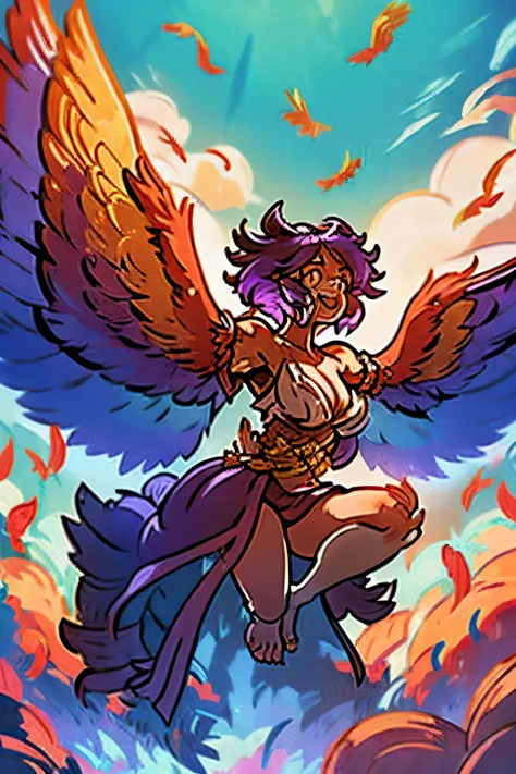 1girl, full body, white feathers, cute face, messy pixie cut hair, tan skin, robes, wings, purple hair, talons for feet, 2 legs, gold eyes, fire magic