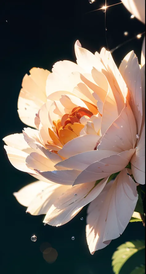 Masterpiece , Macro photography , cobweb, film grain, bokeh , smoke , highly detailed, Bright sunny weather, microflowers, drops, blur, realistic fluffy rose and shaggy peony close-up, azure background, soft contrast, octane render ,