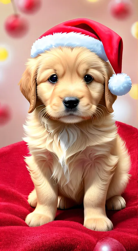 3. Golden retriever puppy, realistic, hairy, swimming clothed animal, apple, clear circles, blush, cherry, food, fruit, full body, santa claus hat, non-human, strawberry, tomato, watermelon