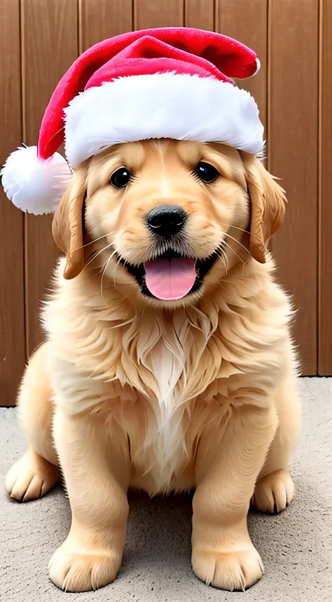 3. Golden retriever puppy, realistic, hairy, swimming clothed animal, apple, clear circles, blush, cherry, food, fruit, full body, santa claus hat, non-human, strawberry, tomato, watermelon