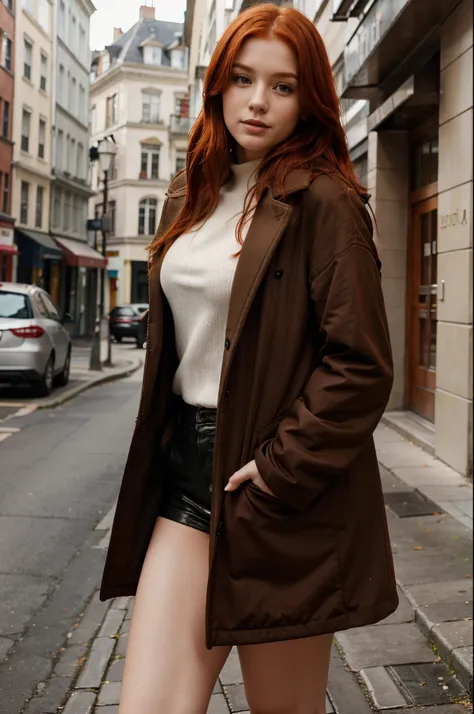 red-haired girl with a seductive lively look, who is standing in a beautiful coat