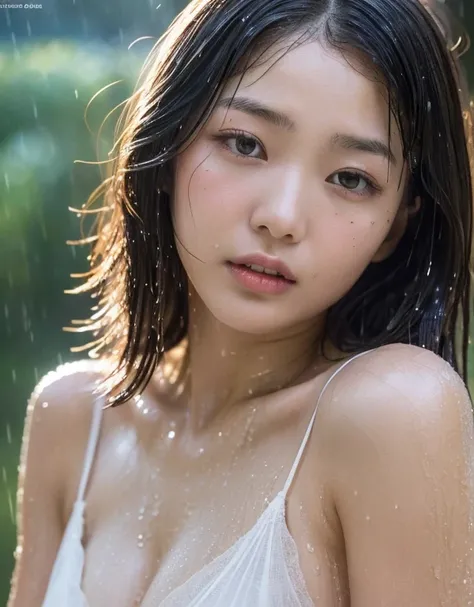 (top-quality、4K、​masterpiece:1.3)、Beautuful Women、1 female、(breastsout、Attractive body:1.2)、abdominals:1.1、dark brown hair:1.1、(rainy wet、Wet in the rain、Wet body:1.2)、Ultra-detailed face、Detailed lips、A detailed eye、二重まぶた　With short hair, Shiori Teshirogi...