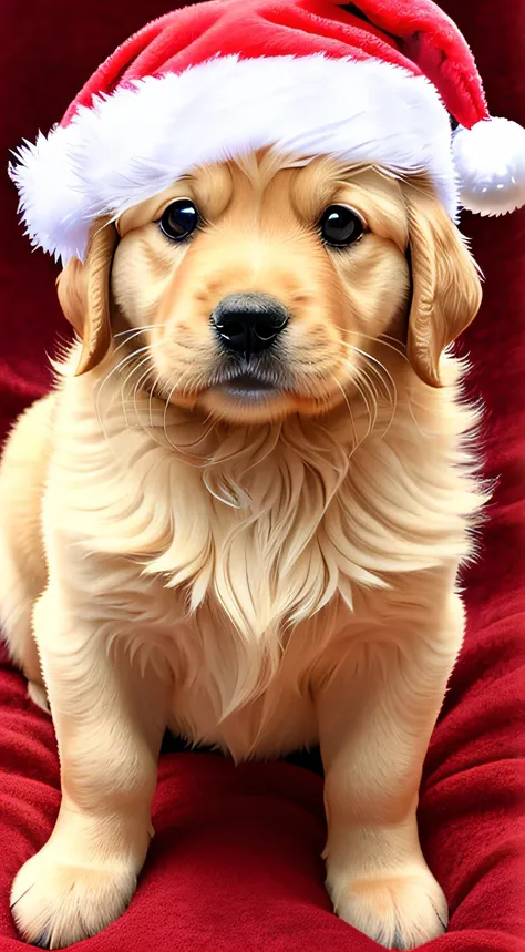 3. Golden retriever puppy, realistic, hairy, swimming clothed animal, apple, clear circles, blush, cherry, food, fruit, full body, santa claus hat, non-human, strawberry, tomato, watermelon