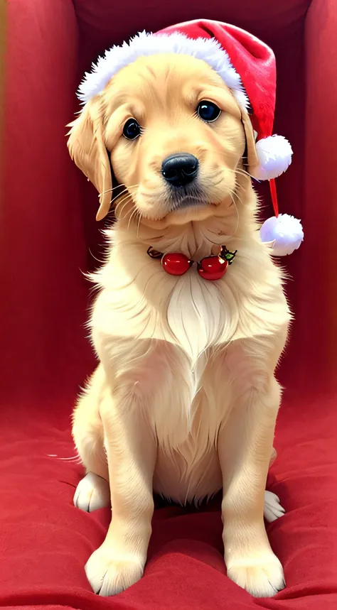 3. Golden retriever puppy, realistic, hairy, swimming clothed animal, apple, clear circles, blush, cherry, food, fruit, full body, santa claus hat, non-human, strawberry, tomato, watermelon