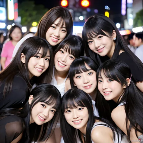 Best-quality, Masterpiece, Ultra-High-Resolution, (Photorealistic:1.4), Raw-Photo, Extremely-Details, Perfect-Anatomy, 

at midnight, on street in Shibuya, Tokyo, 

3girls, group-shot, all members of the most famous Japanese idol group, all 12-years-old, 
...