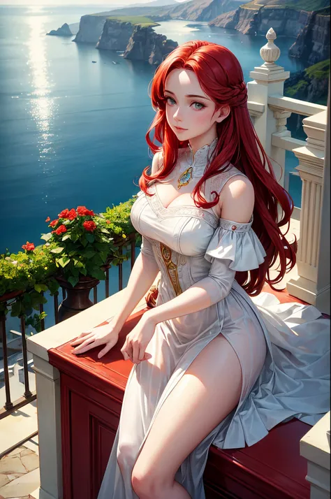 A pale white beautiful young woman with vibrant red hair and charming dimples, dressed in a short white dress. The woman is represented in the style of JC Leyendecker, known for his elegant and glamorous illustrations. She leans on a decorative railing and...