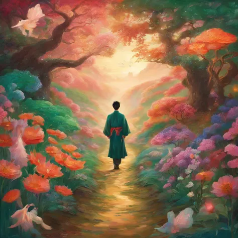 Korean guy in a fairy tale, fantasy, the road of flowers and emeralds