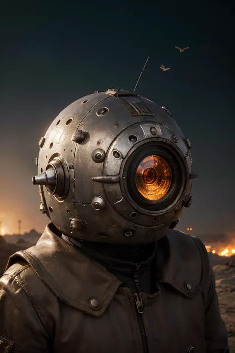 A crazy toy with a big one A Soviet one-eyed robot from CCCP, y casco Estilo, Pinzas en las manos, Cabeza de TV, cabeza de alfiler, camuflaje Oro Plata Rosa Oxidado, Atmosphere in the crater of a super-detailed meteorite, centro, Beautiful, Soft lighting, ...