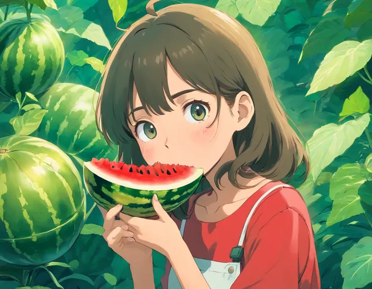 girl eating a small watermelon