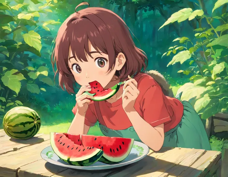 girl eating a small watermelon