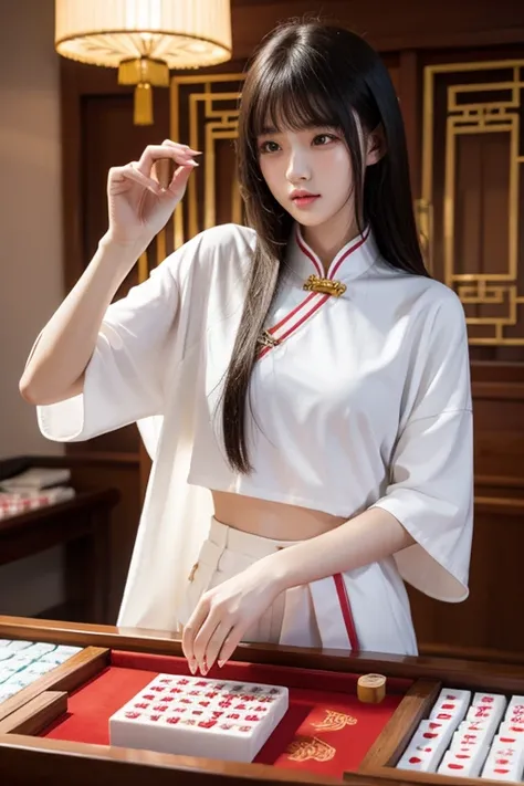 Play mahjong，teens girl，China-style，National tide，ads，long whitr hair