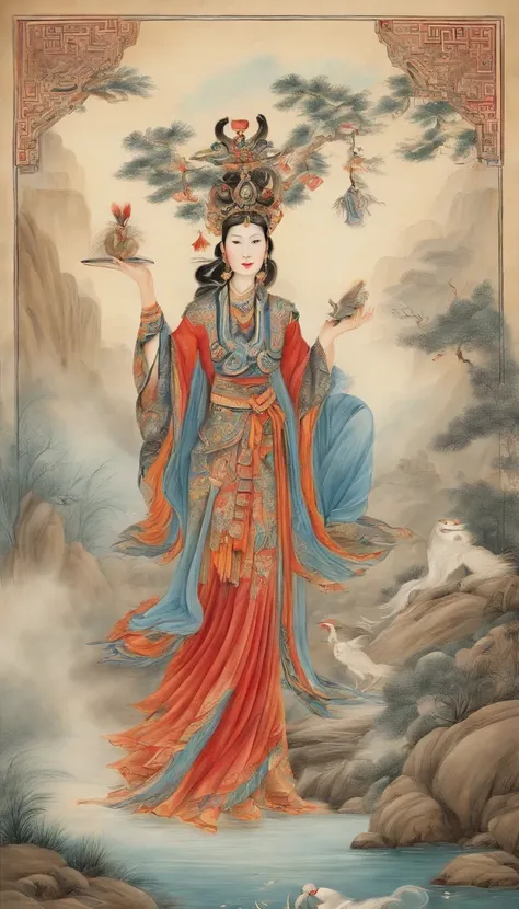 Chinese creation mythological scene, 5 characters in total：Female fairy，Raise both hands，tilt to the sky，Colorful fairy skirt，Hands holding colorful sacred stones，There is a hole in the sky。Ancient Chinese mythological environment，4 Extreme details，Chinese...