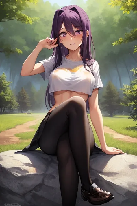 2d, masterpiece, detailed eyed, best quality, full body, full pose, anime, highly detailed, cowboy shot, 1girl, solo, yuri, purple hair, purple eyes, long hair, hair between eyes, hairclip, medium breasts, underboob, , ((white tshirt)), , ((black leggins))...