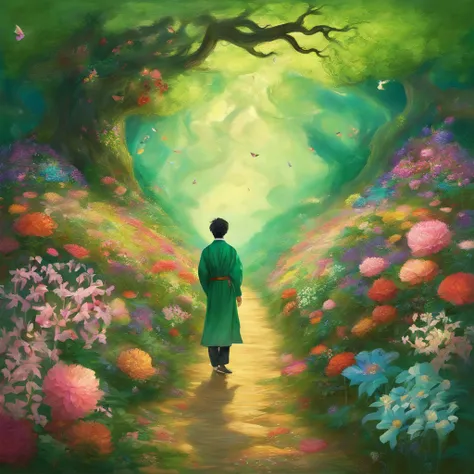 Korean guy in a fairy tale, Fantasy, road of flowers and emeralds